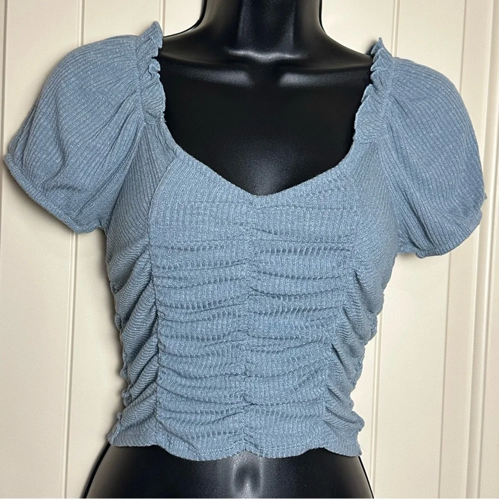 Altar'd State Light Blue Ruched Puff Sleeve Crop Top Small NWT $54.95 - Picture 2 of 11